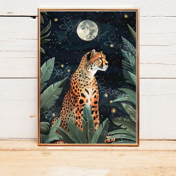 Cheetah Under the Moon Wall Art Print, Animal Painting, Maximalist ...